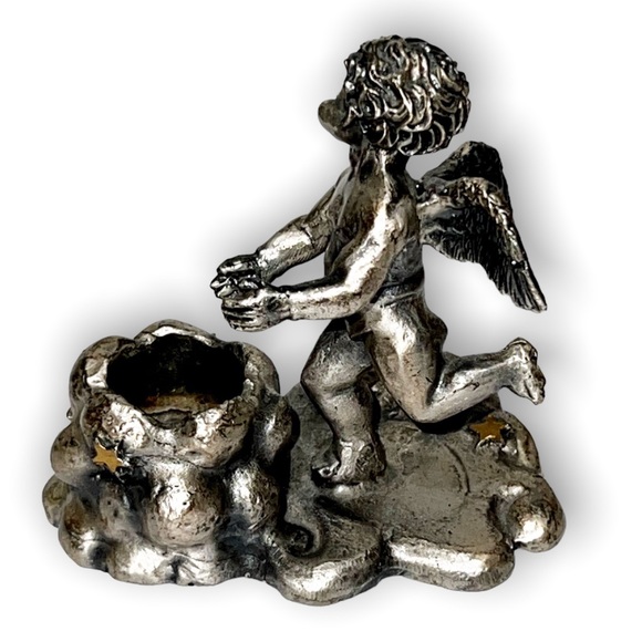 Accents Vintage Sop Pewter Angel Candlestick Holder Baby Cherub On